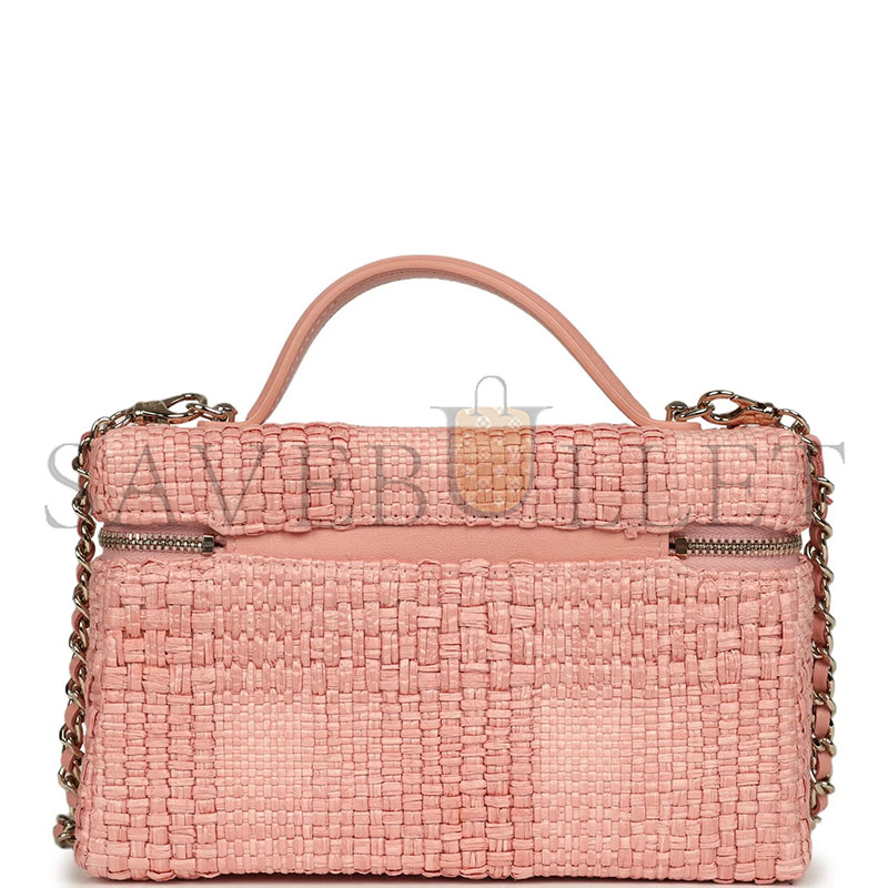CHANEL TOP HANDLE LONG VANITY CASE WITH CHAIN LIGHT PINK BRAIDED RAFFIA LIGHT GOLD HARDWARE AP4385 (19.5*17*5cm) 